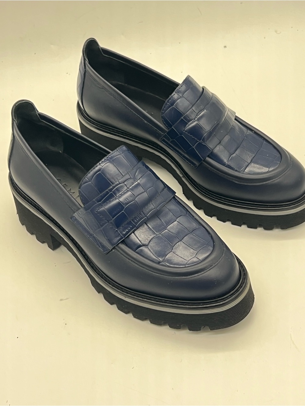 M. Gemi Navy Croc-Embossed Leather Penny Loafers - Picture 6 of 9